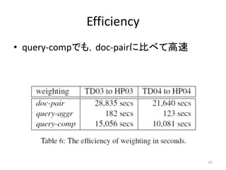 Efficiency
• query-compでも，doc-pairに比べて高速




                                62
 