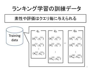 ランキング学習の訓練データ
   素性や評価はクエリ毎に与えられる

                1                   2                 
Training      1        1          2         2                   
           (1 , 1 )       (1 , 1 )           (1 , 1 )
  data
               1       1          2         2
                                                 …              
           (2    , 2 )    (2    , 2 )        (2 , 2 )
                   …




               1       1
                                      …




                                                              …
           (1 , 1 )
                                                                
                                  2         2        ( ,  )
                              (2 , 2 )


                                                                          9
 