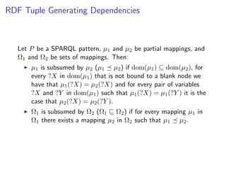RDF Tuple Generating Dependencies



   Let P be a SPARQL pattern, µ1 and µ2 be partial mappings, and
   Ω1 and Ω2 be sets of mappings. Then:
       µ1 is subsumed by µ2 (µ1 µ2 ) if dom(µ1 ) ⊆ dom(µ2 ), for
       every ?X in dom(µ1 ) that is not bound to a blank node we
       have that µ1 (?X) = µ2 (?X) and for every pair of variables
       ?X and ?Y in dom(µ1 ) such that µ1 (?X) = µ1 (?Y ) it is the
       case that µ2 (?X) = µ2 (?Y ).
       Ω1 is subsumed by Ω2 (Ω1 Ω2 ) if for every mapping µ1 in
       Ω1 there exists a mapping µ2 in Ω2 such that µ1 µ2 .
 