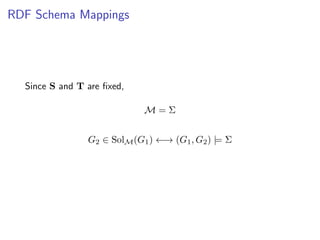 RDF Schema Mappings




  Since S and T are ﬁxed,

                             M=Σ


                G2 ∈ SolM (G1 ) ←→ (G1 , G2 ) |= Σ
 