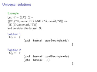 Universal solutions

   Example
   Let W = {?X}, Σ =
   {(W, (?X, name, ?Y ) AND (?X, email, ?Z)) →
   (W, (?Y, hasmail, ?Z))}
   and consider the dataset D:

   Solution 1
    G2 =     {
                 (paul   hasmail   paul@example.edu)
                                                       }

   Solution 2
    G2 =     {
                 (paul   hasmail   paul@example.edu)
                 (john   hasmail    n)
                                                       }
 