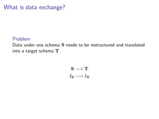 What is data exchange?




   Problem
   Data under one schema S needs to be restructured and translated
   into a target schema T


                              S −→ T
                              IS −→ IT
 