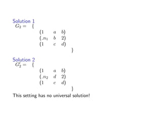 Solution 1
 G2 =    {
             (1     a   b)
             ( n1   b   2)
             (1     c   d)
                             }

Solution 2
 G2 =    {
             (1     a   b)
             ( n2   d   2)
             (1     c   d)
                             }
This setting has no universal solution!
 