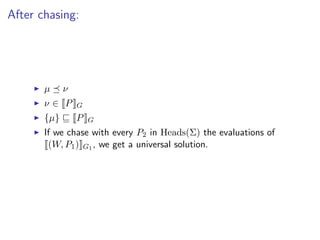 After chasing:




       µ     ν
       ν∈ P      G
       {µ}       P   G
       If we chase with every P2 in Heads(Σ) the evaluations of
        (W, P1 ) G1 , we get a universal solution.
 