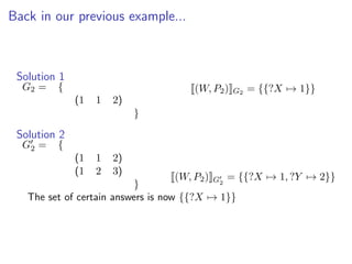 Back in our previous example...



 Solution 1
  G2 =   {                            (W, P2 )   G2   = {{?X → 1}}
              (1   1   2)
                            }

 Solution 2
  G2 =   {
              (1   1   2)
              (1   2   3)
                                    (W, P2 ) G2 = {{?X → 1, ?Y → 2}}
                          }
   The set of certain answers is now {{?X → 1}}
 