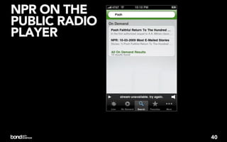 NPR ON THE
PUBLIC RADIO
PLAYER




               40
 