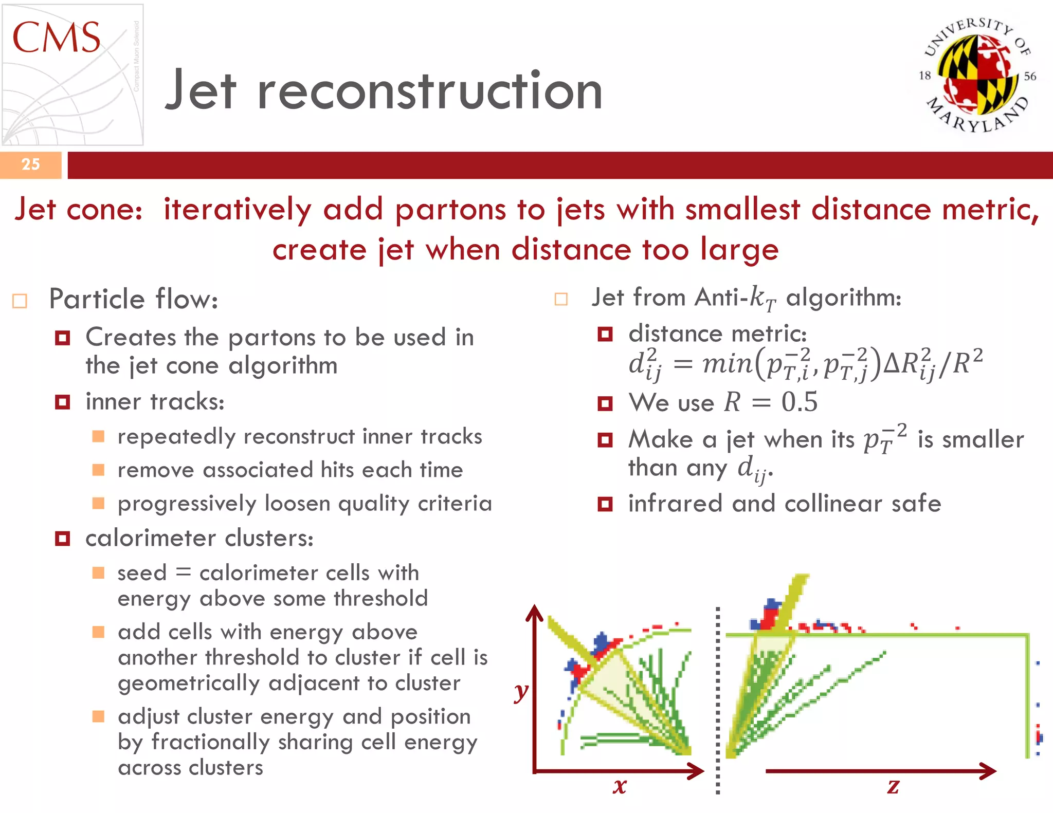 Jet reconstruction
 Particle flow:
 Creates the partons to be used in
the jet cone algorithm
 inner tracks:
 repeatedly reconstruct inner tracks
 remove associated hits each time
 progressively loosen quality criteria
 calorimeter clusters:
 seed = calorimeter cells with
energy above some threshold
 add cells with energy above
another threshold to cluster if cell is
geometrically adjacent to cluster
 adjust cluster energy and position
by fractionally sharing cell energy
across clusters
 Jet from Anti-𝑘 𝑇 algorithm:
 distance metric:
𝑑𝑖𝑗
2
= 𝑚𝑖𝑛 𝑝 𝑇,𝑖
−2
, 𝑝 𝑇,𝑗
−2
∆𝑅𝑖𝑗
2
/𝑅2
 We use 𝑅 = 0.5
 Make a jet when its 𝑝 𝑇
−2
is smaller
than any 𝑑𝑖𝑗.
 infrared and collinear safe
25
Jet cone: iteratively add partons to jets with smallest distance metric,
create jet when distance too large
𝒛𝒙
𝒚
 