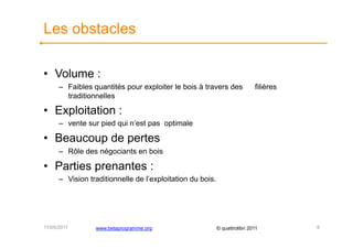 Les obstacles

•  Volume :
      –  Faibles quantités pour exploiter le bois à travers des              filières
         traditionnelles

•  Exploitation :
      –  vente sur pied qui n’est pas optimale

•  Beaucoup de pertes
      –  Rôle des négociants en bois

•  Parties prenantes :
      –  Vision traditionnelle de l’exploitation du bois.




11/05/2011        www.betaprogramme.org                     © quattrolibri 2011         6
 