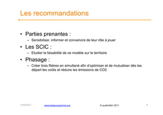 Les recommandations

•  Parties prenantes :
      –  Sensibiliser, informer et convaincre de leur rôle à jouer

•  Les SCIC :
      –  Etudier la faisabilité de ce modèle sur le territoire

•  Phasage :
      –  Créer trois filières en simultané afin d’optimiser et de mutualiser dès les
         départ les coûts et réduire les émissions de CO2




11/05/2011        www.betaprogramme.org                  © quattrolibri 2011           8
 