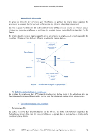 Repenser les villes dans une société post carbone




                Méthodologie développée


Un projet de télécentre 2.0 commence par l’identification de porteurs de projets locaux capables de
promouvoir la nécessité d’un tel lieu basé sur l’ensemble des éléments présentés préalablement.

La mise en place d’un télécentre 2.0 ou Smart Work Center (SWC) demande ensuite une réflexion à deux
niveaux : au niveau du remplissage et au niveau des services, chaque niveau étant interdépendant l’un de
l’autre.

En fonction des éléments de réponse apportés en ce qui concerne le remplissage, il sera alors possible de
modéliser l’offre de services de façon différente en utilisant la matrice réalisée.




                                Figure 1 : Montée en charge d’un projet SWC



    1) Définition de la stratégie de remplissage

La stratégie de remplissage d’un SWC dépend simultanément du lieu choisi et des utilisateurs. L’un ou
l’autre de ces éléments peut être considéré comme porte d’entrée dans la matrice définie ultérieurement.



            a. Caractérisation des sites potentiels

•   Surface disponible

La surface moyenne d’un SmartWorkCenter est de 800 m². Ce chiffre reste fortement dépendant de
l’utilisation qui en sera faite mais doit néanmoins être pris en compte dans le choix du lieu en fonction de la
montée en charge définie.

•     Accessibilité du site


Mai 2011         BETA Programme / Recherche-Action EMPLOI (E) : étude de préfiguration pour un télécentre   12
 