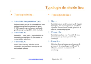 Typologie de site/de lieu
•  Typologie de site :                                    •  Typologie de lieu :

  Télécentre 1ère génération (1G)                          Gare :
     Business centers de type Servcorp ou Régus, lieux       Facilité d’accès et de déplacement vers le siège de
     modaux de type Orly International ou Salons             l’entreprise, lieu de convergence des travailleurs,
     SNCF Grands Voyageurs, bureaux satellites de            cependant taille maximale variable, promotion de
     grandes entreprises type IBM, Cafés Starbucks           mode de transports « propres »

  Télécentre 2G                                            Centre-ville :
     Smart Work Center : dotés d’une technologie de          Facilité d’accès, liens avec l’ensemble du tissu
     communication supérieure, ils fonctionnent en           économique et des clients, proximité des
     réseau maillant le territoire                           commerces

  Télécentre 3G                                            Lieux tiers :
     Centre de Co-working : notion de travail                Pépinières d’entreprises par exemple, permet de
     collaboratif plus prononcée, animation du lieu,         promouvoir davantage l’aspect collaboratif du
     ancrage local supérieur                                 télécentre, nécessite un programme de
                                                             covoiturage




6/09/11                     www.betaprogramme.org             © quattrolibri 2011                           8
 