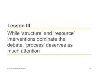18
Lesson III
While ‘structure’ and ‘resource’
interventions dominate the
debate, ‘process’ deserves as
much attention
SOURCE: McKinsey & Company
 