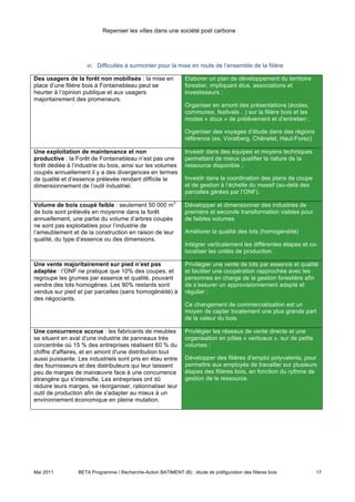 Repenser les villes dans une société post carbone




                     vi. Difficultés à surmonter pour la mise en route de l’ensemble de la filière

Des usagers de la forêt non mobilisés : la mise en              Elaborer un plan de développement du territoire
place d’une filière bois à Fontainebleau peut se                forestier, impliquant élus, associations et
heurter à l’opinion publique et aux usagers                     investisseurs ;
majoritairement des promeneurs.
                                                                Organiser en amont des présentations (écoles,
                                                                communes, festivals…) sur la filière bois et les
                                                                modes « doux » de prélèvement et d’entretien ;

                                                                Organiser des voyages d’étude dans des régions
                                                                référence (ex. Voralberg, Chênelet, Haut-Forez)

Une exploitation de maintenance et non                          Investir dans des équipes et moyens techniques
productive : la Forêt de Fontainebleau n’est pas une            permettant de mieux qualifier la nature de la
forêt dédiée à l’industrie du bois, ainsi sur les volumes       ressource disponible ;
coupés annuellement il y a des divergences en termes
de qualité et d’essence prélevée rendant difficile le           Investir dans la coordination des plans de coupe
dimensionnement de l’outil industriel.                          et de gestion à l’échelle du massif (au-delà des
                                                                parcelles gérées par l’ONF).
                                                           3
Volume de bois coupé faible : seulement 50 000 m                Développer et dimensionner des industries de
de bois sont prélevés en moyenne dans la forêt                  première et seconde transformation viables pour
annuellement, une partie du volume d’arbres coupés              de faibles volumes
ne sont pas exploitables pour l’industrie de
l’ameublement et de la construction en raison de leur           Améliorer la qualité des lots (homogénéité)
qualité, du type d’essence ou des dimensions.
                                                                Intégrer verticalement les différentes étapes et co-
                                                                localiser les unités de production.

Une vente majoritairement sur pied n’est pas                    Privilégier une vente de lots par essence et qualité
adaptée : l’ONF ne pratique que 10% des coupes, et              et faciliter une coopération rapprochée avec les
regroupe les grumes par essence et qualité, pouvant             personnes en charge de la gestion forestière afin
vendre des lots homogènes. Les 90% restants sont                de s’assurer un approvisionnement adapté et
vendus sur pied et par parcelles (sans homogénéité) à           régulier ;
des négociants.
                                                                Ce changement de commercialisation est un
                                                                moyen de capter localement une plus grande part
                                                                de la valeur du bois

Une concurrence accrue : les fabricants de meubles              Privilégier les réseaux de vente directe et une
se situent en aval d'une industrie de panneaux très             organisation en pôles « verticaux », sur de petits
concentrée où 15 % des entreprises réalisent 60 % du            volumes ;
chiffre d'affaires, et en amont d'une distribution tout
aussi puissante. Les industriels sont pris en étau entre        Développer des filières d’emploi polyvalents, pour
des fournisseurs et des distributeurs qui leur laissent         permettre aux employés de travailler sur plusieurs
peu de marges de manœuvre face à une concurrence                étapes des filières bois, en fonction du rythme de
étrangère qui s'intensifie. Les entreprises ont dû              gestion de la ressource.
réduire leurs marges, se réorganiser, rationnaliser leur
outil de production afin de s'adapter au mieux à un
environnement économique en pleine mutation.




Mai 2011         BETA Programme / Recherche-Action BATIMENT (B) : étude de préfiguration des filières bois           17
 