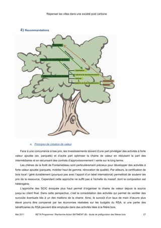 Repenser les villes dans une société post carbone




    4) Recommandations




              a. Principes de création de valeur

    Face à une concurrence à bas prix, les investissements doivent d’une part privilégier des activités à forte
valeur ajoutée (ex. parquets) et d’autre part optimiser la chaine de valeur en réduisant la part des
intermédiaires et en sécurisant des contrats d’approvisionnement / vente sur le long terme.
    Les chênes de la forêt de Fontainebleau sont particulièrement précieux pour développer des activités à
forte valeur ajoutée (parquets, mobilier haut de gamme, rénovation de qualité). Par ailleurs, la certification de
bois local / géré durablement (pourquoi pas avec l’apport d’un label international) permettrait de soutenir les
prix de la ressource. Cependant cette approche ne suffit pas à l’échelle du massif, dont la composition est
hétérogène.
    L’approche des SCIC évoquée plus haut permet d’organiser la chaine de valeur depuis la source
jusqu’au client final. Dans cette perspective, c’est la consolidation des activités qui permet de ventiler des
surcoûts éventuels liés à un des maillons de la chaine. Ainsi, le surcoût d’un taux de main d’œuvre plus
élevé pourra être compensé par les économies réalisées sur les budgets du RSA, si une partie des
bénéficiaires du RSA peuvent être employés dans des activités liées à la filière bois.

Mai 2011          BETA Programme / Recherche-Action BATIMENT (B) : étude de préfiguration des filières bois   27
 