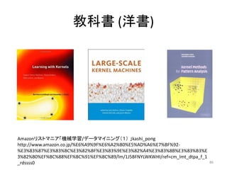 教科書 (洋書)




Amazonリストマニア「機械学習/データマイニング（１） 」kashi_pong
http://www.amazon.co.jp/%E6%A9%9F%E6%A2%B0%E5%AD%A6%E7%BF%92-
%E3%83%87%E3%83%BC%E3%82%BF%E3%83%9E%E3%82%A4%E3%83%8B%E3%83%B3%E
3%82%B0%EF%BC%88%EF%BC%91%EF%BC%89/lm/1J5BFNYLWKWHI/ref=cm_lmt_dtpa_f_1
_rdssss0                                                                  86
 