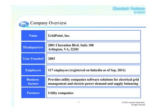 Company Overview

   Name        GridPoint, Inc.

               2801 Clarendon Blvd. Suite 100
Headquarters
               Arlington, VA, 22201

Year Founded   2003


 Employees     117 employees (registered on linkedin as of Sep. 2011)

  Business     Provides utility companies software solutions for electrical grid
   Sectors     management and electric power demand and supply balancing

  Partners     Utility companies

                                    11                             ⓒ 2011 insprout Corporation.
                                                                              All rights reserved
 