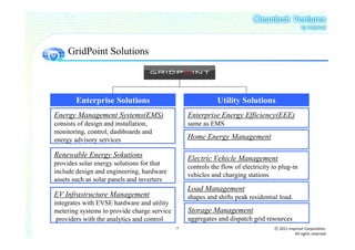 GridPoint Solutions



        Enterprise Solutions                                 Utility Solutions
Energy Management Systems(EMS)                    Enterprise Energy Efficiency(EEE)
consists of design and installation,              same as EMS
monitoring, control, dashboards and
energy advisory services                          Home Energy Management

Renewable Energy Sokutions                        Electric Vehicle Management
provides solar energy solutions for that
                                                  controls the flow of electricity to plug-in
include design and engineering, hardware
                                                  vehicles and charging stations
assets such as solar panels and inverters
                                                  Load Management
EV Infrastructure Management                      shapes and shifts peak residential load.
integrates with EVSE hardware and utility
metering systems to provide charge service        Storage Management
 providers with the analytics and control         aggregates and dispatch grid resources
                                             15                                    ⓒ 2011 insprout Corporation.
                                                                                              All rights reserved
 