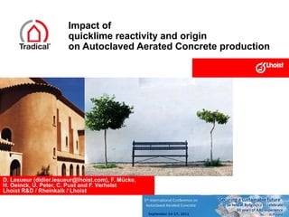 Impact of
quicklime reactivity and origin
on Autoclaved Aerated Concrete production

D. Lesueur (didier.lesueur@lhoist.com), F. Mücke,
H. Oeinck, U. Peter, C. Pust and F. Verhelst
Lhoist R&D / Rheinkalk / Lhoist

 