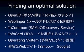 Finding an optimal solution
? OpenID (ܥѺIdP룿)
? Webfinger (`?ɥ쥹IdPkҊ
? InCommon (SAMLDiscovery Service)
? InfoCard (ID`ɤxk᥿?`)
? Operating System (ʥ?)
? Web? (Yahoo,, Google)
 
