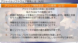 アジャイルソフトウェア開発とは（4/6）
アジャイルソフトウェア開発宣言–12の原則（2/3）
アジャイル宣言の背後にある原則
私たちは以下の原則に従う
5. 意欲に満ちた人々を集めてプロジェクトを構成します。環境と支援
を与え仕事が無事終わるまで彼らを信頼します。
6. 情報を伝えるもっとも効率的で効果的な方法は
フェイス・トゥ・フェイスで話をすることです。
7. 動くソフトウェアこそが進捗の最も重要な尺度です。
8. アジャイル･プロセスは持続可能な開発を促進します。
一定のペースを継続的に維持できるようにしなければなりません。
11Copyright © POStudy (プロダクトオーナーシップ勉強会). All rights reserved.
 