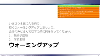 ウォーミングアップ
いきなり本題に入る前に、
軽くウォーミングアップしましょう。
会場のみなさんで以下の順に列を作ってください。
1. 最終学歴順
2. 学校名順
5Copyright © POStudy (プロダクトオーナーシップ勉強会). All rights reserved.
 