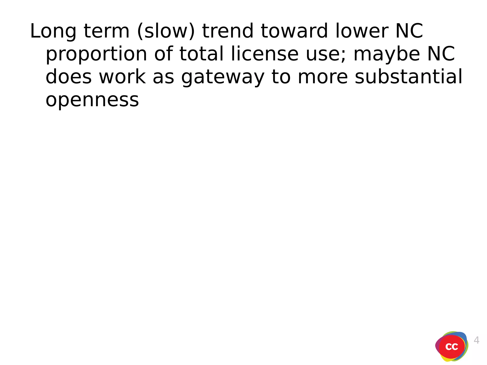 Long term (slow) trend toward lower NC proportion of total license use; maybe NC does work as gateway to more substantial openness 