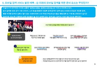 5. 모바일 검색 서비스 발전 예측 - ② 미래의 모바일 검색을 위한 준비 요소는 무엇인가?구글의 수석 연구원인 아미트싱할은“검색의 미래는 ‘검색이 사라지는 것’ ”이라고 단언하고 있다. 앞서 살펴본 모든 감각 기관 (이미지, 소리 등)을 활용한 비접촉 검색(검색어 입력 없는)시대로의 진입과 개인화 검색,행동 타겟형 검색의 심화는멀지 않는 미래에 현재 나의 주변(지역)/관심사/필요 행동(영화 표 구매 등) 관련되어 실시간업데이트 되는(푸시 형태의) 관련 정보들이 늘 대기 상태에 있는 ‘검색 없는 검색’의 시대가 올 것으로 예측 된다.9