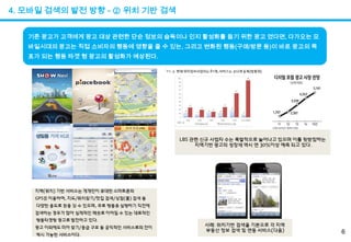 4. 모바일 검색의 발전 방향 - ② 위치 기반 검색 기존 광고가 고객에게 광고 대상 관련한 단순 정보의 습득이나 인지 활성화를 돕기 위한 광고 였다면, 다가오는 모바일시대의 광고는 직접 소비자의 행동에 영향을 줄 수 있는, 그리고 변화된 행동(구매/방문 등)이 바로 광고의 목표가 되는 행동 타겟 형 광고의 활성화가 예상된다.  6