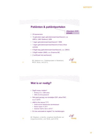 9/27/2011




     Patiënten & patiëntportalen
                                                           Afspraken, EDP,
                                                           eHealth
     • 25 leveranciers
     • 14 gebruiken eigen gebruikersnaam/wachtwoord, o.a.
       UMCU, UMC Radboud, AZM
     • 1 eigen gebruikersnaam/wachtwoord + SMS
     • 1 eigen gebruikersnaam/wachtwoord en face-2-face
       controle
     • 4 Di iD l
         DigiD laag ( b ik
                    (gebruikersnaam/wachtwoord), o.a. UMCG
                                   /   ht    d)
     • 3 DigiD midden (SMS), o.a. Erasmus MC
     • 2 certificaat met wachtwoord


       [M. Heldoorn e.a., Patiëntportalen in Nederland,
21     NPCF, Nictiz, mei 2011]




     Wat is er nodig?

     • DigiD niveau midden?
       • Binding d.m.v. GBA adres
       • SMS one-time-password
     • Niet goed genoeg voor landelijke EDP, aldus PWC
       e.a. in 2010
     • eNIK to the rescue ????
       • Elektronische Nederlandse identiteitskaart
       • Besluit najaar (?) 2011
       • Iedereen heeft er één in 2018 ?
     • En hoe autorisatie te regelen? bv mantelzorgers


     [M. Wegdam, e-identity: zorgeloze identificatie van
22
     zorgconsumenten, voor Nictiz, april 2010]




                                                                                   11
 