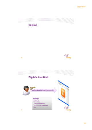 9/27/2011




     backup




35




     Digitale identiteit




        authenticatie (wachtwoord etc)




         Attributen
         Att ib t
          Pietje Puk
          Kalverstraat 1
          1234AB Amsterdam
          11-12-1913 te Amstelveen
          Man
          ….
36




                                               18
 