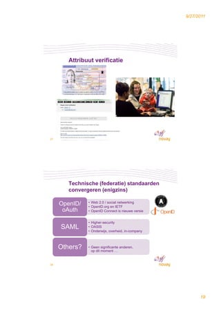 9/27/2011




        Attribuut verificatie




37




        Technische (federatie) standaarden
        convergeren (enigzins)

     OpenID/   • Web 2 0 / social netwerking
                     2.0
               • OpenID.org en IETF
      oAuth    • OpenID Connect is nieuwe versie


               • Higher-security
     SAML      • OASIS
               • Onderwijs, overheid, in-company



     Others?   • Geen significante anderen,
                 op dit moment …


38




                                                         19
 