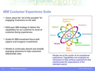 IBM Software Group




IBM Customer Experience Suite
    Vision about the “art of the possible” for
     engaging Customers on the web                             Web/Content
                                                               Platform
                                                                                Analytics
    Multi-year IBM strategy to deliver the         Search
     capabilities for our customer to excel at
     customer-facing experiences
                                                                                     Commerce
                                                  Social
    Guide for IBM investment focus both
     organic and inorganic investments
                                                      Mobile                 Unified
                                                                             Communications
    Nimble to continually absorb and simplify                     Rich
     emerging advances to help customers                           Media
     differentiate sites
                                                    People are at the center of an exceptional
                                                    experience; Capabilities are employed as
                                                    necessary to help achieve experiences that
                                                    meet/exceed the expectations of the
                                                    intended user(s)

11         IBM Customer Experience                                              © 2011 IBM Corporation
 