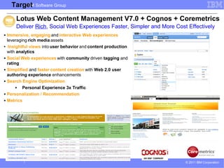 Target Software Group
          IBM


        Lotus Web Content Management V7.0 + Cognos + Coremetrics
        Deliver Rich, Social Web Experiences Faster, Simpler and More Cost Effectively
■   Immersive, engaging and interactive Web experiences
    leveraging rich media assets
■    Insightful views into user behavior and content production
    with analytics
■   Social Web experiences with community driven tagging and
    rating
■   Simplified and faster content creation with Web 2.0 user
    authoring experience enhancements
■   Search Engine Optimization
         ■  Personal Experience 3x Traffic
■   Personalization / Recommendation
■   Metrics




                                                                          © 2011 IBM Corporation
 