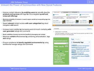 IBM Software Group
Unleash the Power of Communities with New Social Features


■   Improve content relevancy by enabling users to naturally describe
    products and services with tags for micro-targeted up-sell and
    cross-sell offerings
 Maximize probability of inclusion in search engine results by incorporating tags into
    page meta-data

■   Speed relevant content access with user categorized tag cloud
    navigation and search

■   Increase brand visibility by harnessing word-of-mouth marketing with
    user generated ratings and comments
 Boost credibility of product and service benefits by leveraging user reviews
■   Maximize content effectiveness by combining personalization, tags
    and ratings

■   Ensure compliance in heavily regulated environments by using
    workflow to manage ratings and comments




                 IBM Customer Experience                                                  © 2011 IBM Corporation
 