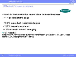 IBM Software Group


 IBM asked Forrester to measure


           Growth                Customer Satisfaction   Agility
+ 400% in the converstion rate of visits into new business
 - 41% people left the page

+ 16.6% in product recommendations
 - 15.8% in customer churn
 14.4% maintain interest in buying
Full report at
http://www.forrester.com/rb/Research/best_practices_in_user_expe
rience_ux_design/q/id/54101/t/2




28     IBM Customer Experience                               © 2011 IBM Corporation
 