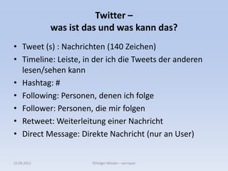 20.09.2011©Holger Meuler – vor+querFacebook und seine NutzerGemessen an der weltweiten Entwicklung der Nutzer bei Facebook ist Deutschland „nur“ auf Platz 12!Das größte Hindernis ist der Zugang zu schnellen Internetverbindungen!