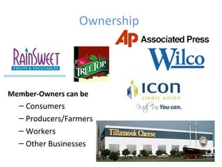 Ownership
Member-Owners can be
– Consumers
– Producers/Farmers
– Workers
– Other Businesses
 