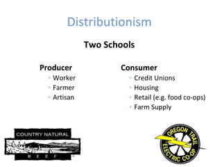 Distributionism
Consumer
◦ Credit Unions
◦ Housing
◦ Retail (e.g. food co-ops)
◦ Farm Supply
Two Schools
Producer
◦ Worker
◦ Farmer
◦ Artisan
 