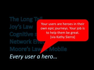 Your users are heroes in their
own epic journeys. Your job is
to help them be great.
[via Kathy Sierra]
 
