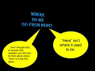 …And I thought that
to answer that
question you first had
to think about where
“here” is in the first
place.
“Here” isn’t
where it used
to be.
 