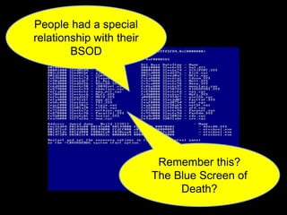 Remember this?
The Blue Screen of
Death?
People had a special
relationship with their
BSOD
 