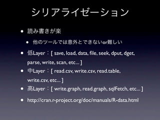 •
    •                                    or

•       Layer   [ save, load, data, ﬁle, seek, dput, dget,
    parse, write, scan, etc... ]
•       Layer   [ read.csv, write.csv, read.table,
    write.csv, etc... ]
•       Layer   [ write.graph, read.graph, sqlFetch, etc... ]

•   http://cran.r-project.org/doc/manuals/R-data.html
 