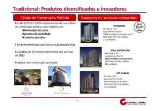 Tradicional: Produtos diversificados e inovadores
    Célula de Construção Própria                      Exemplos de sucessos comerciais
Em abril/2010 a CCDI implementou de sua célula
de construção própria, com objetivo de:                                     IN BERRINI
                                                                  São Paulo – SP
      Diminuição de custo                                         Lançamento: fev/10
      Garantia de qualidade                                       100% vendido no primeiro mês*
      Controle pós-obra                                           VGV Total: R$ 77,1 milhões
                                                                  216 unidades

5 Empreendimentos com construção própria hoje
                                                                         SOUL JARDIM SUL
Estimativa de 10 empreendimentos sob ao final                      São Paulo – SP
de 2012                                                            Lançamento: fev/11
                                                                   100% vendido no lançamento
                                                                   VGV Total: R$ 38,3 milhões
Projetos com construção avançada:                                  180 unidades



                                                                              SET CABRAL
                                                                  Curitiba – PR
                                                                  Lançamento: fev/11
                                                                  64% vendido em 3 meses
                                                                  VGV Total: R$ 52,9 milhões
                                                                  151 unidades




                                                 10
 