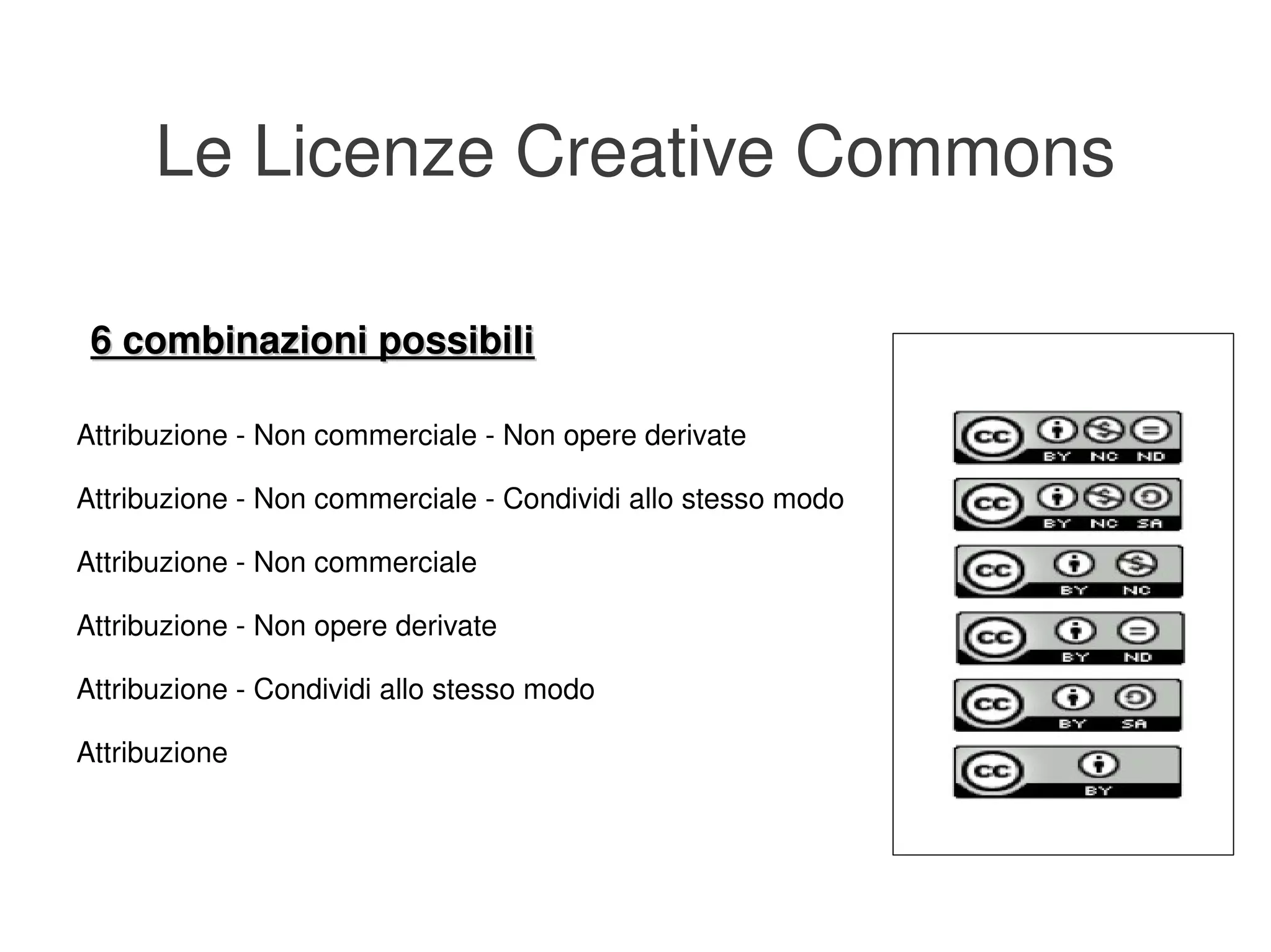 Le Licenze Creative Commons

     6 combinazioni possibili
    Attribuzione ­ Non commerciale ­ Non opere derivate

    Attribuzione ­ Non commerciale ­ Condividi allo stesso modo

    Attribuzione ­ Non commerciale

    Attribuzione ­ Non opere derivate

    Attribuzione ­ Condividi allo stesso modo

    Attribuzione



                                                 
 
