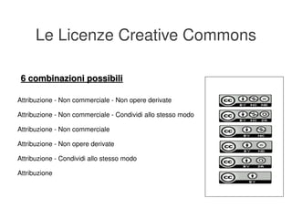 Le Licenze Creative Commons

     6 combinazioni possibili
    Attribuzione ­ Non commerciale ­ Non opere derivate

    Attribuzione ­ Non commerciale ­ Condividi allo stesso modo

    Attribuzione ­ Non commerciale

    Attribuzione ­ Non opere derivate

    Attribuzione ­ Condividi allo stesso modo

    Attribuzione



                                                 
 