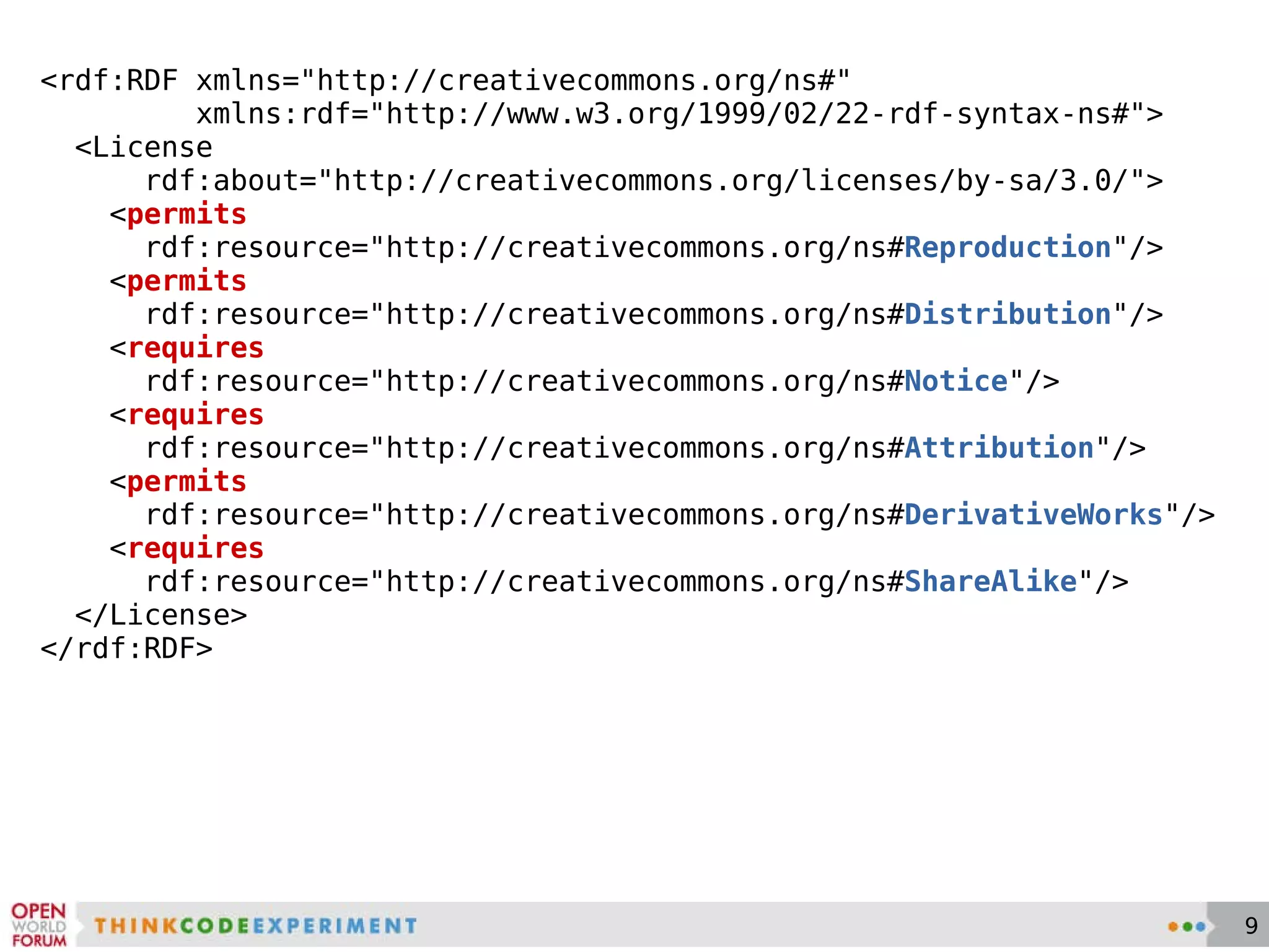 <rdf:RDF xmlns=&quot;http://creativecommons.org/ns#&quot; xmlns:rdf=&quot;http://www.w3.org/1999/02/22-rdf-syntax-ns#&quot;> <License rdf:about=&quot;http://creativecommons.org/licenses/ by-sa /3.0/&quot;> < permits rdf:resource=&quot;http://creativecommons.org/ns# Reproduction &quot;/> < permits rdf:resource=&quot;http://creativecommons.org/ns# Distribution &quot;/> < requires rdf:resource=&quot;http://creativecommons.org/ns# Notice &quot;/> < requires rdf:resource=&quot;http://creativecommons.org/ns# Attribution &quot;/> < permits rdf:resource=&quot;http://creativecommons.org/ns# DerivativeWorks &quot;/> < requires rdf:resource=&quot;http://creativecommons.org/ns# ShareAlike &quot;/> </License> </rdf:RDF> 