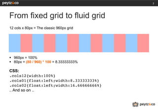 7



From fixed grid to fluid grid
12 cols x 80px = The classic 960px grid




§  960px = 100%
§  80px = (80 / 960) * 100 = 8.33333333%

CSS:
.cols12{width:100%}!
.cols01{float:left;width:8.33333333%}!
.cols02{float:left;width:16.66666666%}!
.. And so on ..
 