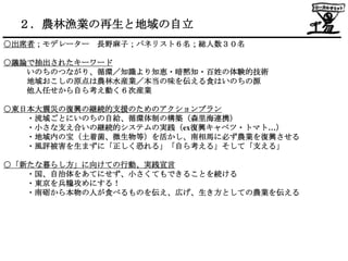 ２．農林漁業の再生と地域の自立
○出席者；モデレーター   長野麻子；パネリスト６名；総人数３０名

○議論で抽出されたキーワード
   いのちのつながり、循環／知識より知恵・暗黙知・百姓の体験的技術
   地域おこしの原点は農林水産業／本当の味を伝える食はいのちの源
   他人任せから自ら考え動く６次産業

○東日本大震災の復興の継続的支援のためのアクションプラン
   ・流域ごとにいのちの自給、循環体制の構築（森里海連携）
   ・小さな支え合いの継続的システムの実践（ex復興キャベツ・トマト…）
   ・地域内の宝（土着菌、微生物等）を活かし、南相馬に必ず農業を復興させる
   ・風評被害を生まずに「正しく恐れる」「自ら考える」そして「支える」

○「新たな暮らし方」に向けての行動、実践宣言
   ・国、自治体をあてにせず、小さくてもできることを続ける
   ・東京を兵糧攻めにする！
   ・南砺から本物の人が食べるものを伝え、広げ、生き方としての農業を伝える
 