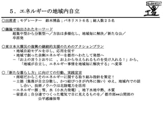 ５．エネルギーの地域内自立
○出席者；モデレーター   鈴木博晶；パネリスト６名；総人数２５名

○議論で抽出されたキーワード
   超集中型から分散型へ／方法は多様化し、地域毎に解決／新たな公／
   卒原発

○東日本大震災の復興の継続的支援のためのアクションプラン
   ・地域自給モデルを示し、応用を促す
   ・地域で創った余剰エネルギーを都市へわたして発想へ
   －「お上の言うとおりに 、お上から与えられるものを受け入れる！」から、
     「地域が自立し、エネルギー事情を地域毎に解決する」へ変革

○「新たな暮らし方」に向けての行動、実践宣言
   ・南砺だからこそのエネルギーに関する取り組み指針を策定！
   －土徳（集落が自立分散し、かつ結びつきが内外に強い）ゆえ、地域内での話
     し合い、技術ノウハウは北陸電力を活用
   －エネルギー源；雪、水（小水力発電）、地下水地中熱、木質
   －留意点；自分達でつくった電気で目に見えるものを／ 都市部⇔山間部の
          公平感確保等
 