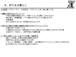 ８．祈りある暮らし
○出席者；モデレーター   太田浩史；パネリスト４名；総人数１７名

○議論で抽出されたキーワード
  ・平和の基礎は家庭にあり、仕事とくらしを分断してはならない
  ・敬天愛人（西郷隆盛）／ヨコ軸のきずなよりタテ軸のきずな
  ・知恩報恩
  ・祈りは共有するもの／共同体を支えるいのち

○東日本大震災の復興の継続的支援のためのアクションプラン
  ・共通の祈りの形をつくる
  ・土徳同志のふれ合いと被災地にかかわる事は自らの土徳をよみがえらせる事
  ・お金やモノではなく、自然や風土の復興支援

○「新たな暮らし方」に向けての行動、実践宣言
  ・暮らしの知恵、仕事の知恵を教育に活かす
  ・精神の向上を至上の価値とする文明
  ・いもこじ（南相馬）、お講（南砺）、共に触れ合うことによってお互いの皮をむき、
   自己を明らかにするための他者との交わり
 